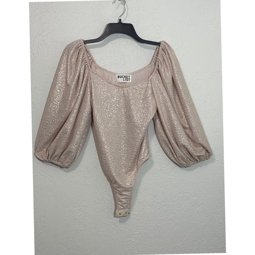 Bucket List Rose Gold‎ Glitter Puff Sleeve Bodysuit Medium NEW  Champagne